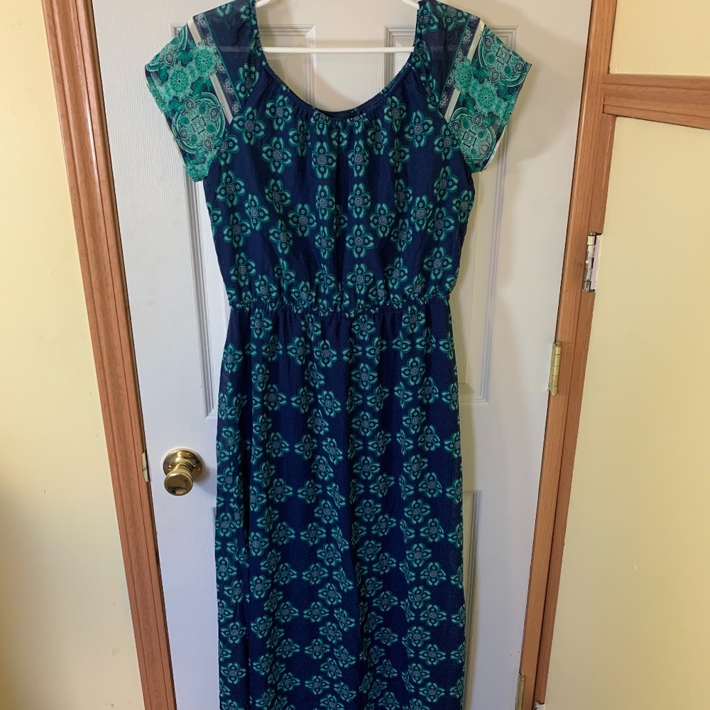 Blue and green patterned maxi dress